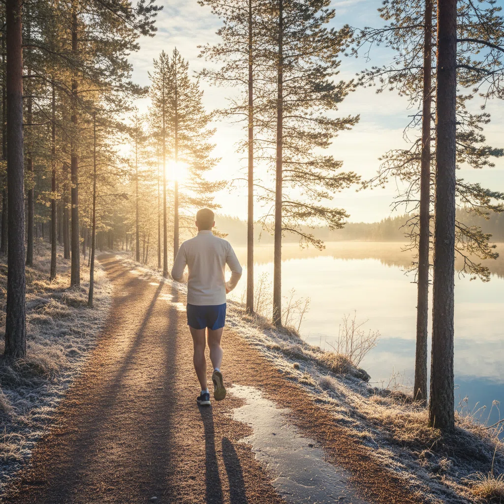 Anonimi mies lenkillä pohjoismaisessa aamuauringossa - aktiivinen elämäntapa